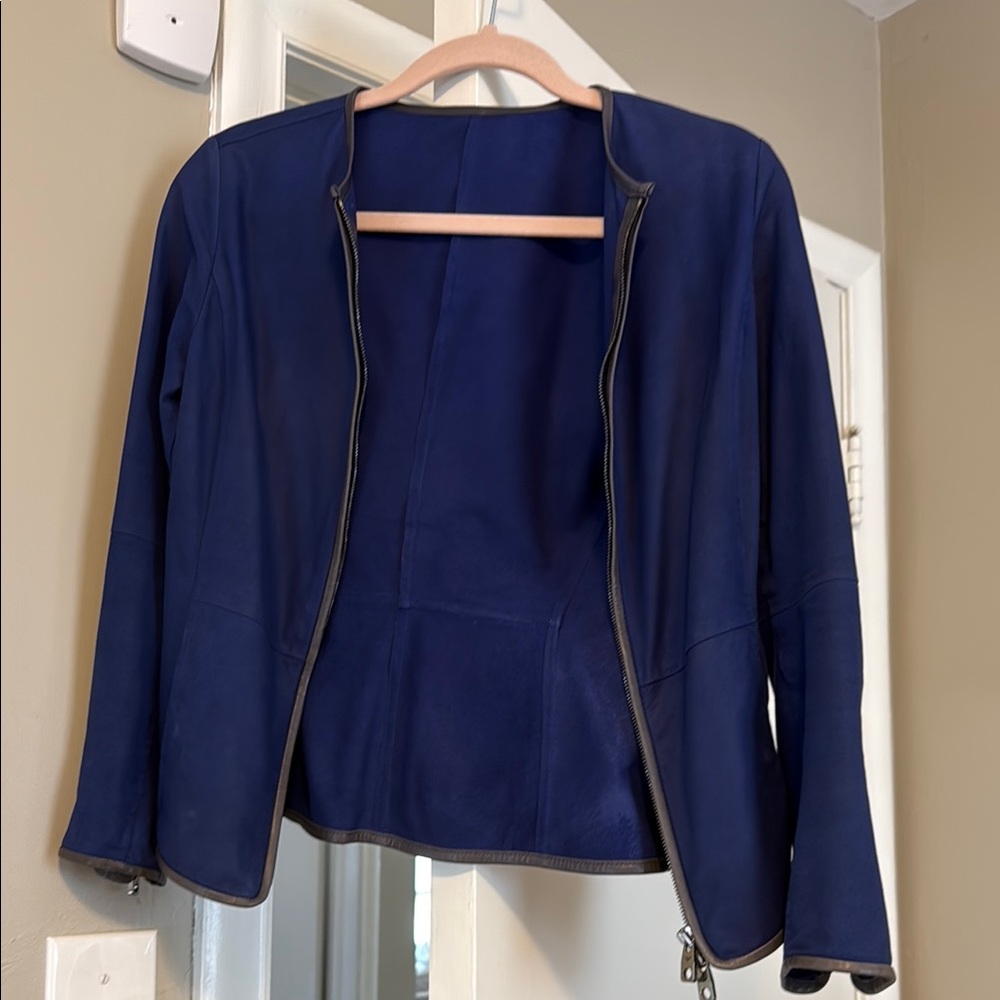 Emporio Armani Blue Utility Jacket Tailored Zip-Front Gray Leather Trim